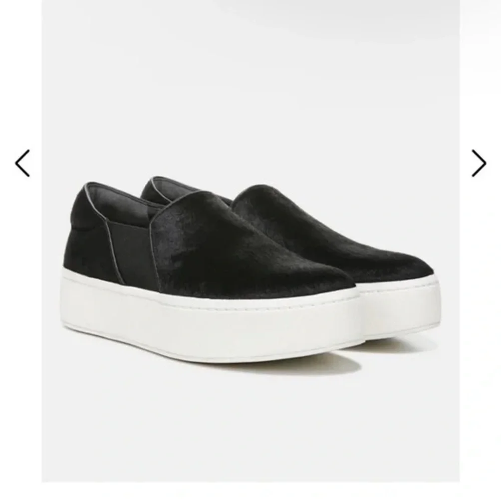 Vince Warren Pony Hair Slip On in Black with White Platform, size 6.5